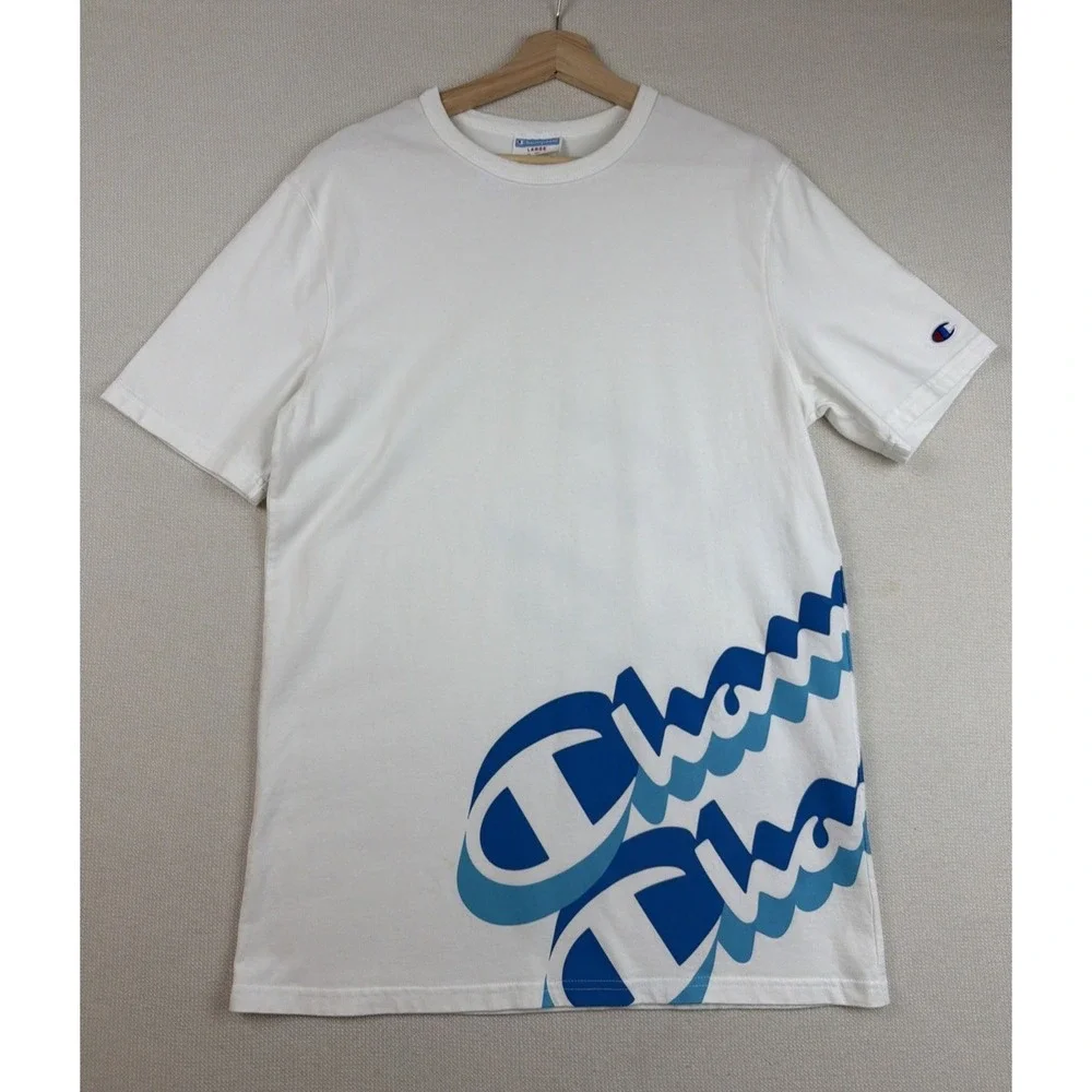 Champion T-Shirt Men's Short Sleeve Spell Out Wrap Around Size L Logo Athletic - Picture 12 of 12